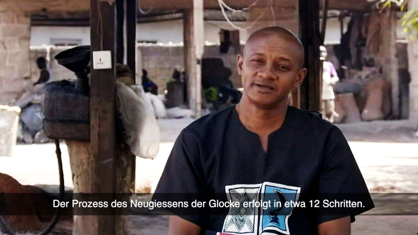 Phil Omodamwen, a bronze caster, explains how a bell is made using the traditional lost-wax casting method. (All images: Film stills from “Phil Omodamwen, Bronze Caster, Benin City,” Ethnographic Museum at the University of Zurich, 2024)